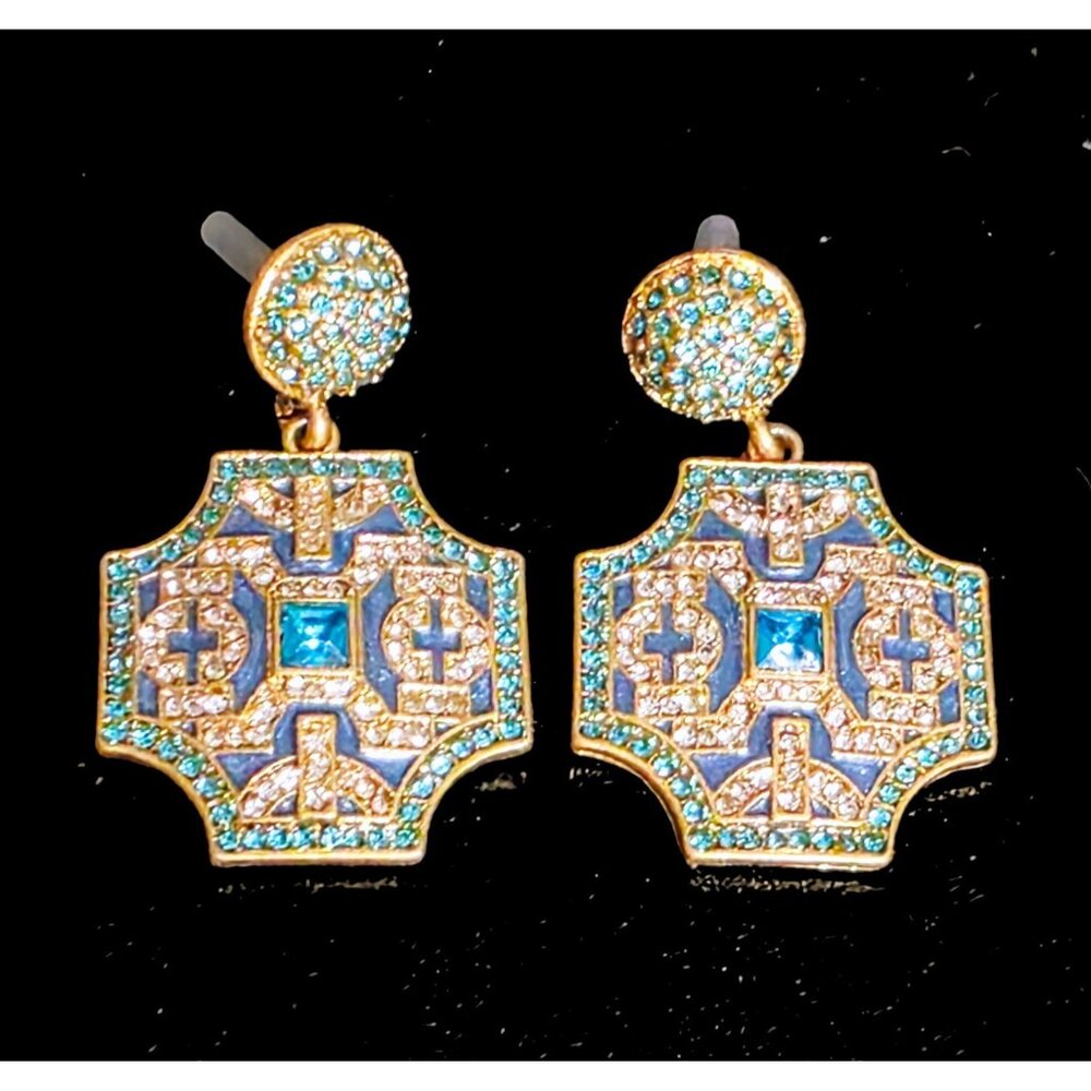 Gold tone Blue enamel paint W Geometric design Blue Rhinestone Dangle Earrings